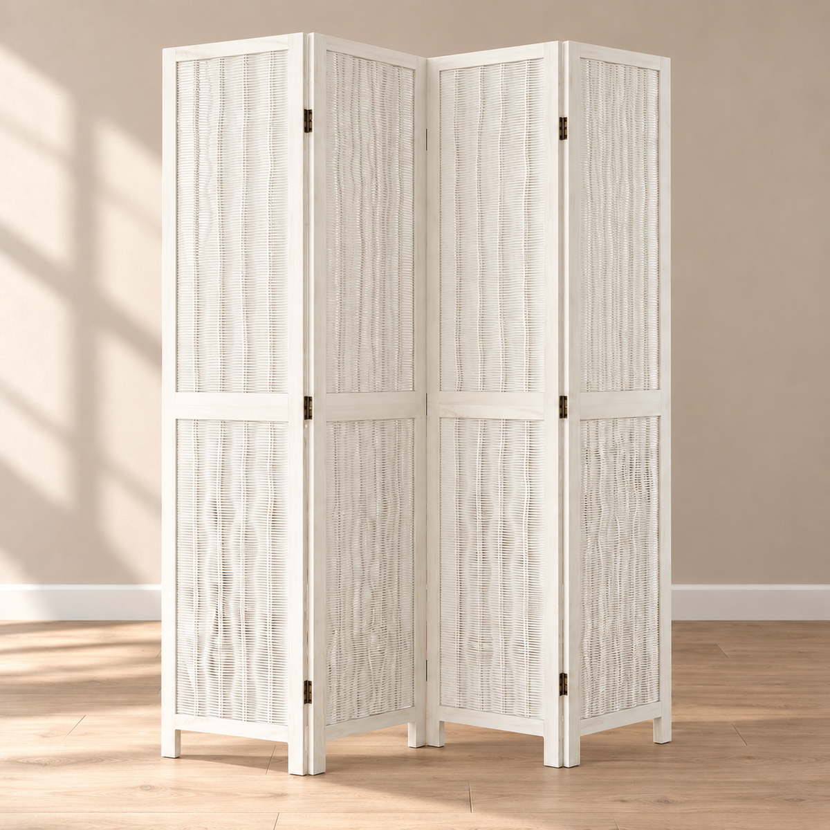 Paravent 4 panneaux paulownia et saule tressé blanc, 145 x 180 cm — autre angle