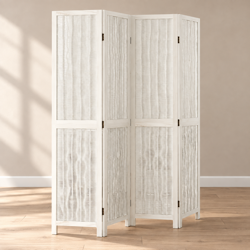 Paravent 4 panneaux paulownia et saule tressé blanc, 145 x 180 cm — vue principale