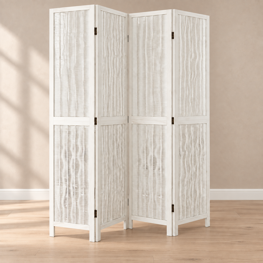 Paravent 4 panneaux paulownia et saule tressé blanc, 145 x 220 cm — autre angle