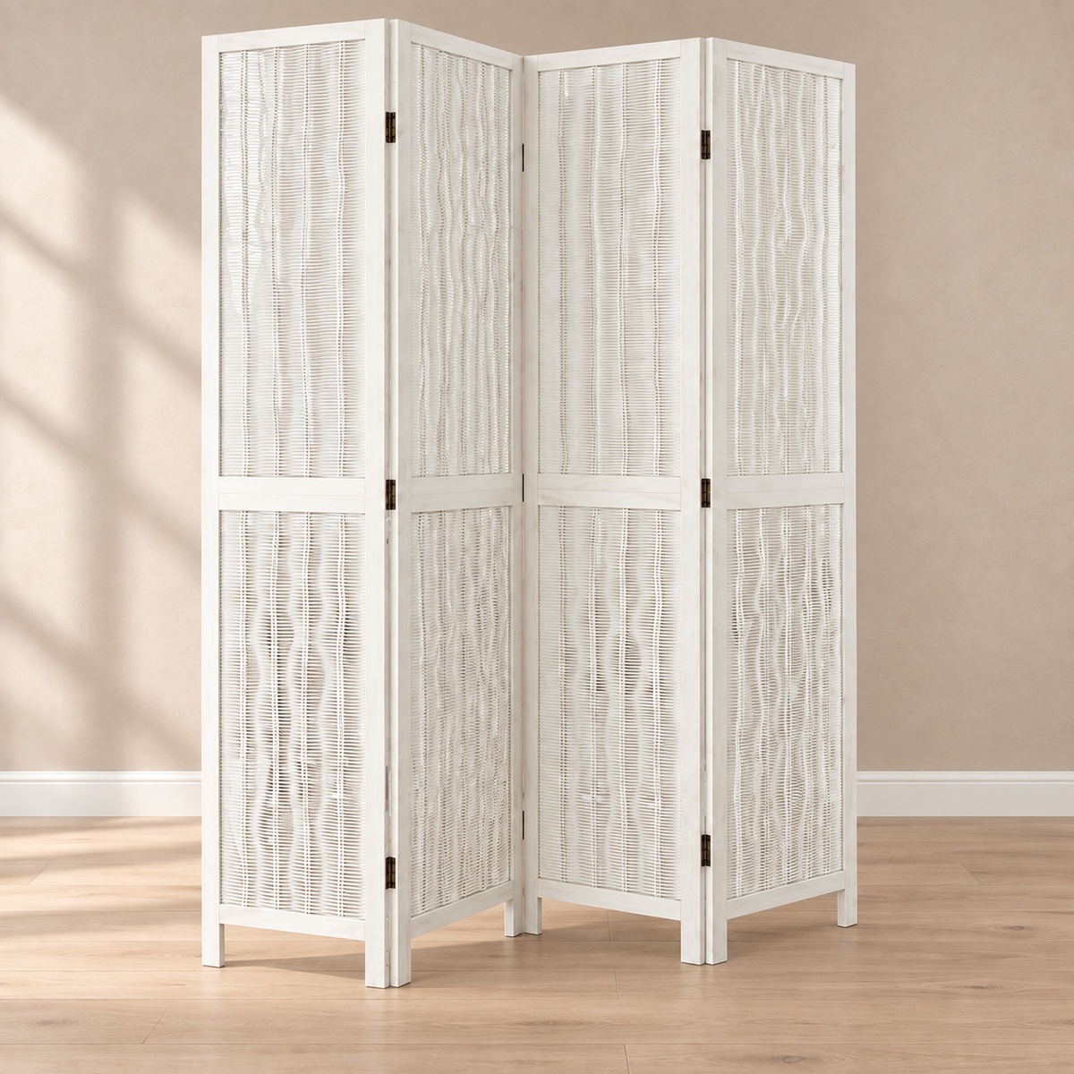 Paravent 4 panneaux paulownia et saule tressé blanc, 145 x 220 cm — autre angle