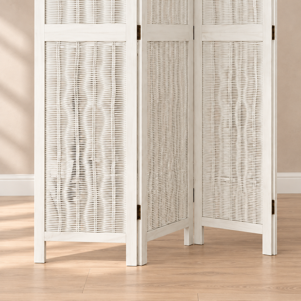 Paravent 4 panneaux paulownia et saule tressé blanc, 145 x 220 cm — détail du bas