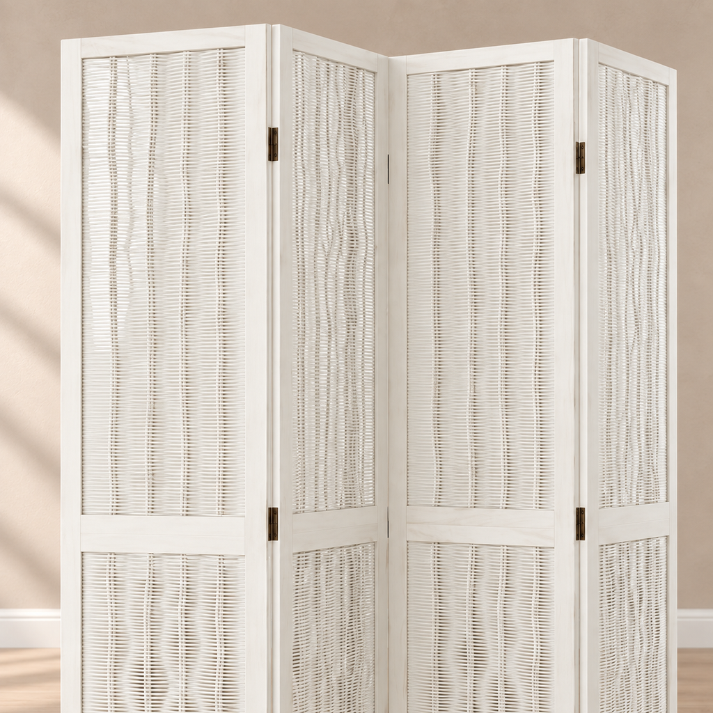 Paravent 4 panneaux paulownia et saule tressé blanc, 145 x 220 cm — détail du haut
