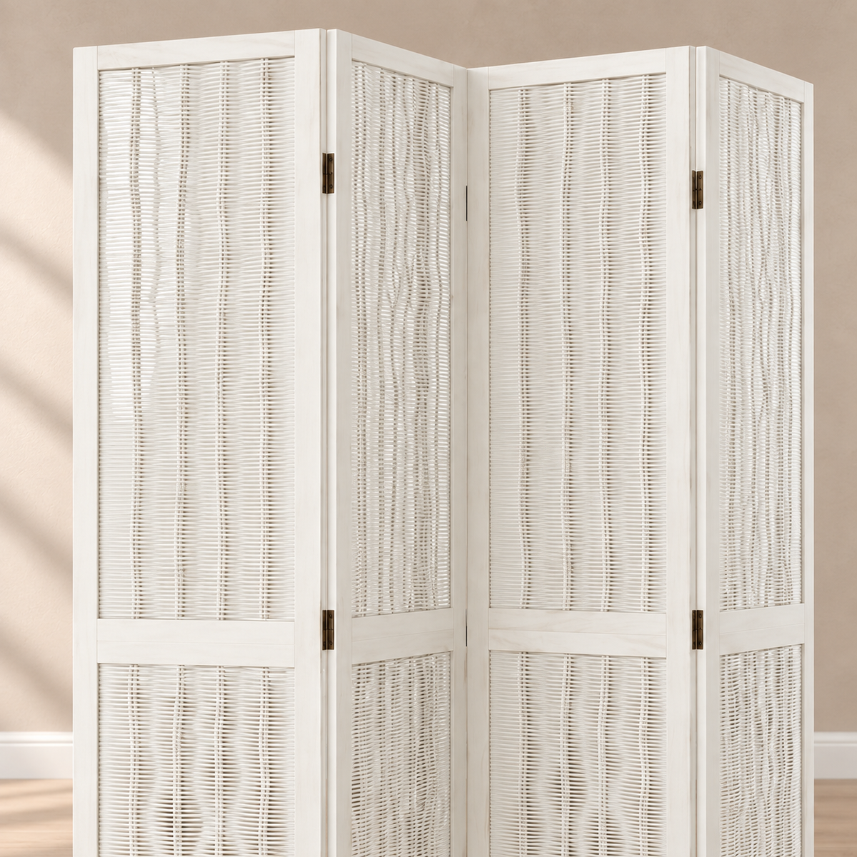 Paravent 4 panneaux paulownia et saule tressé blanc, 145 x 220 cm — détail du haut