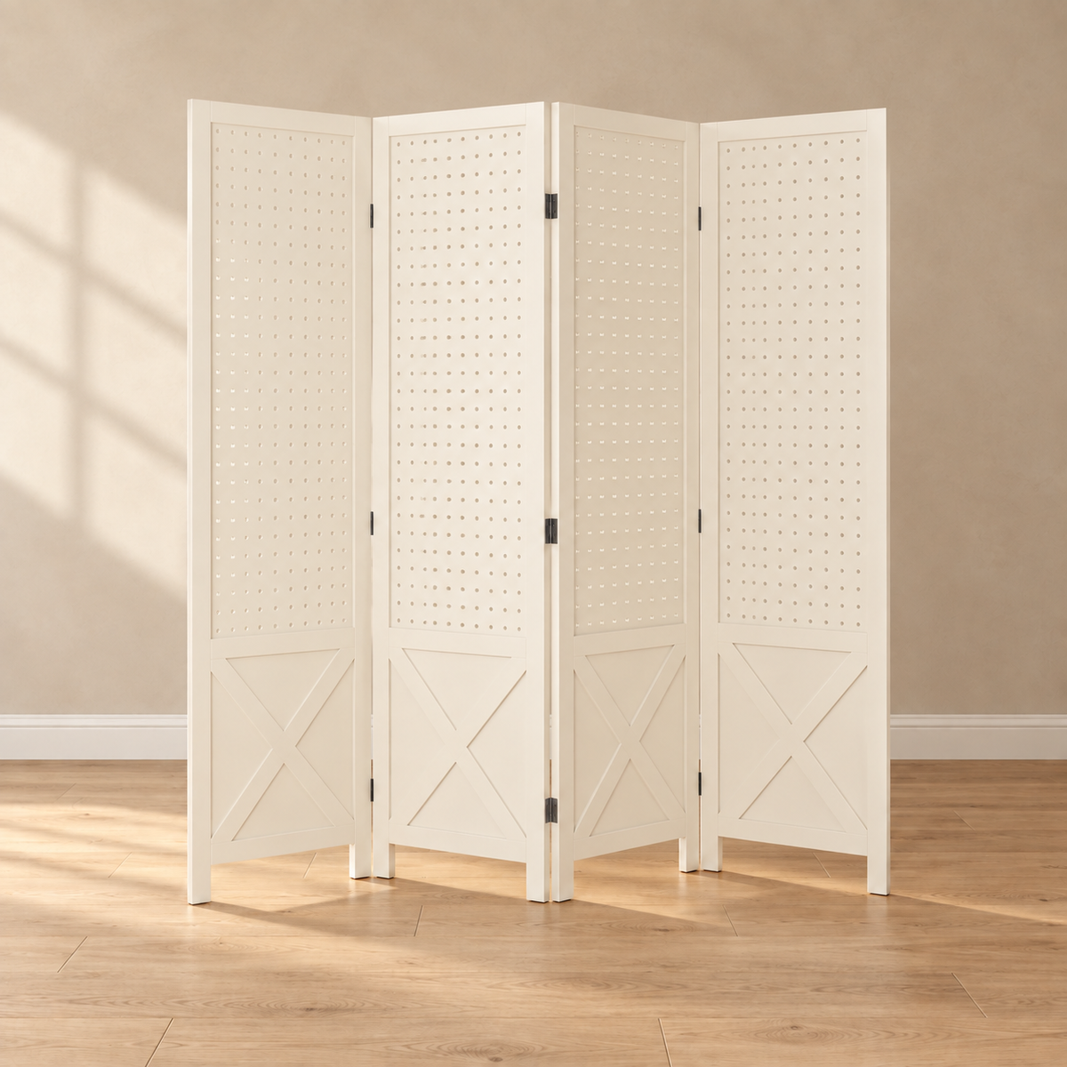 Petit paravent 4 panneaux paulownia ajouré blanc, 152 x 144,5 cm — autre angle