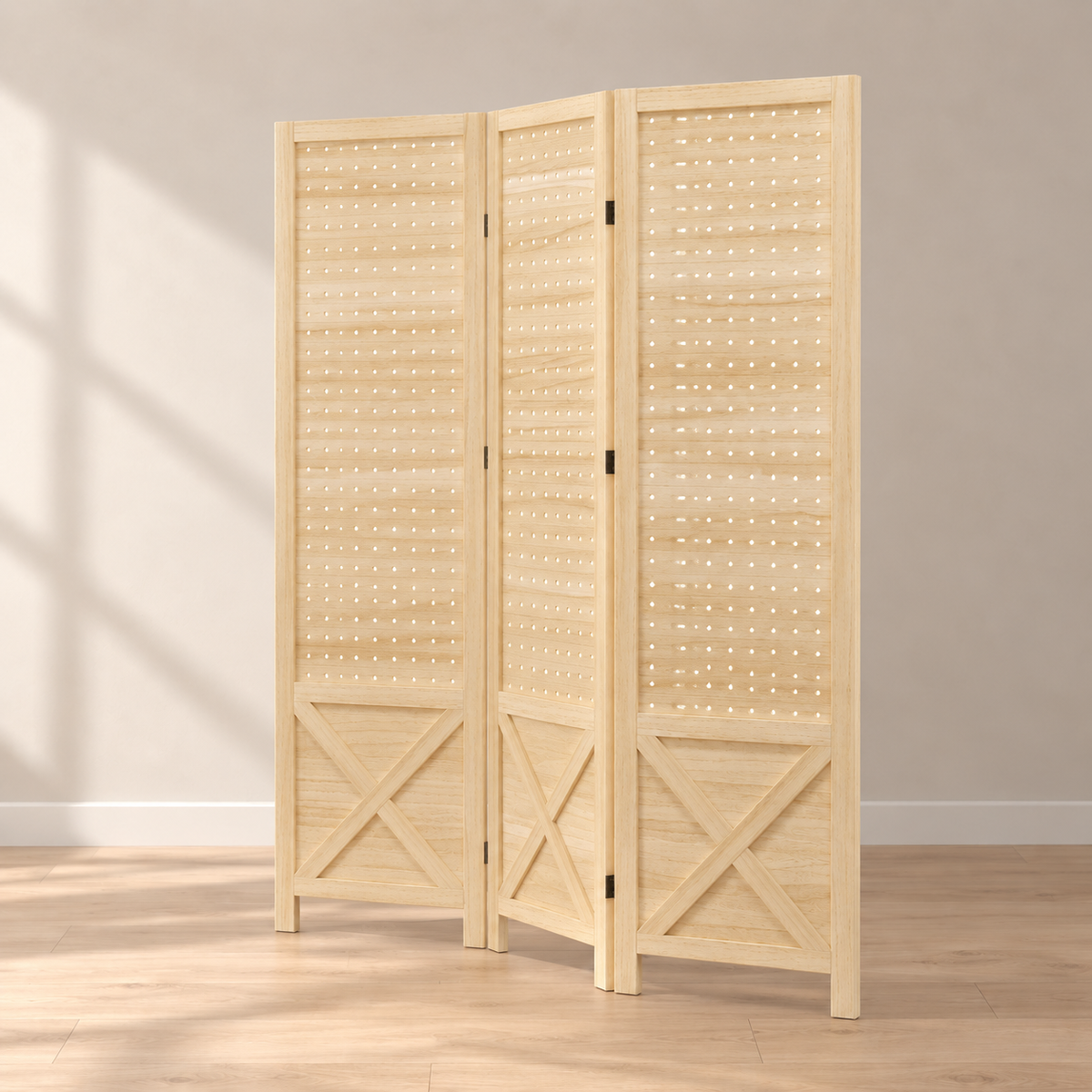 Petit paravent 3 panneaux paulownia ajouré, 114 x 144,5 cm — autre angle