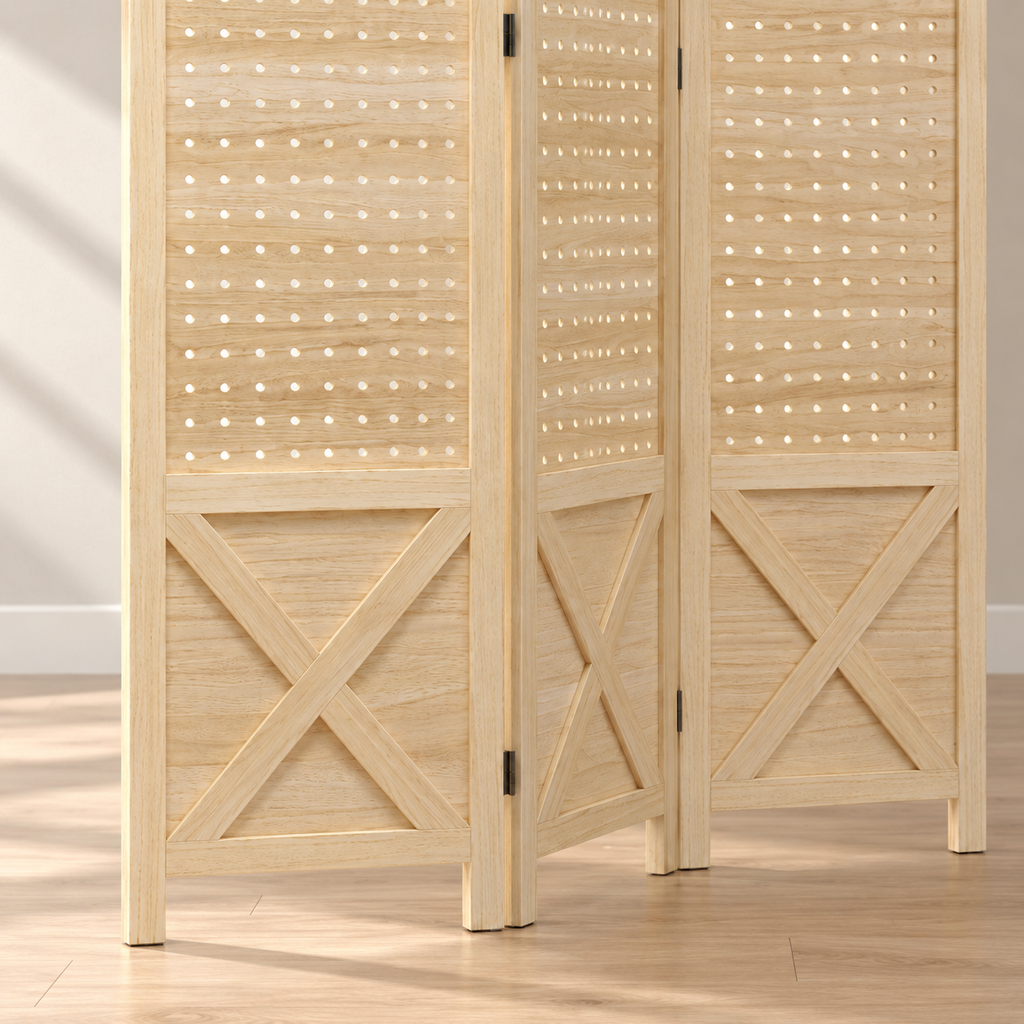 Petit paravent 3 panneaux paulownia ajouré, 114 x 144,5 cm — détail du bas