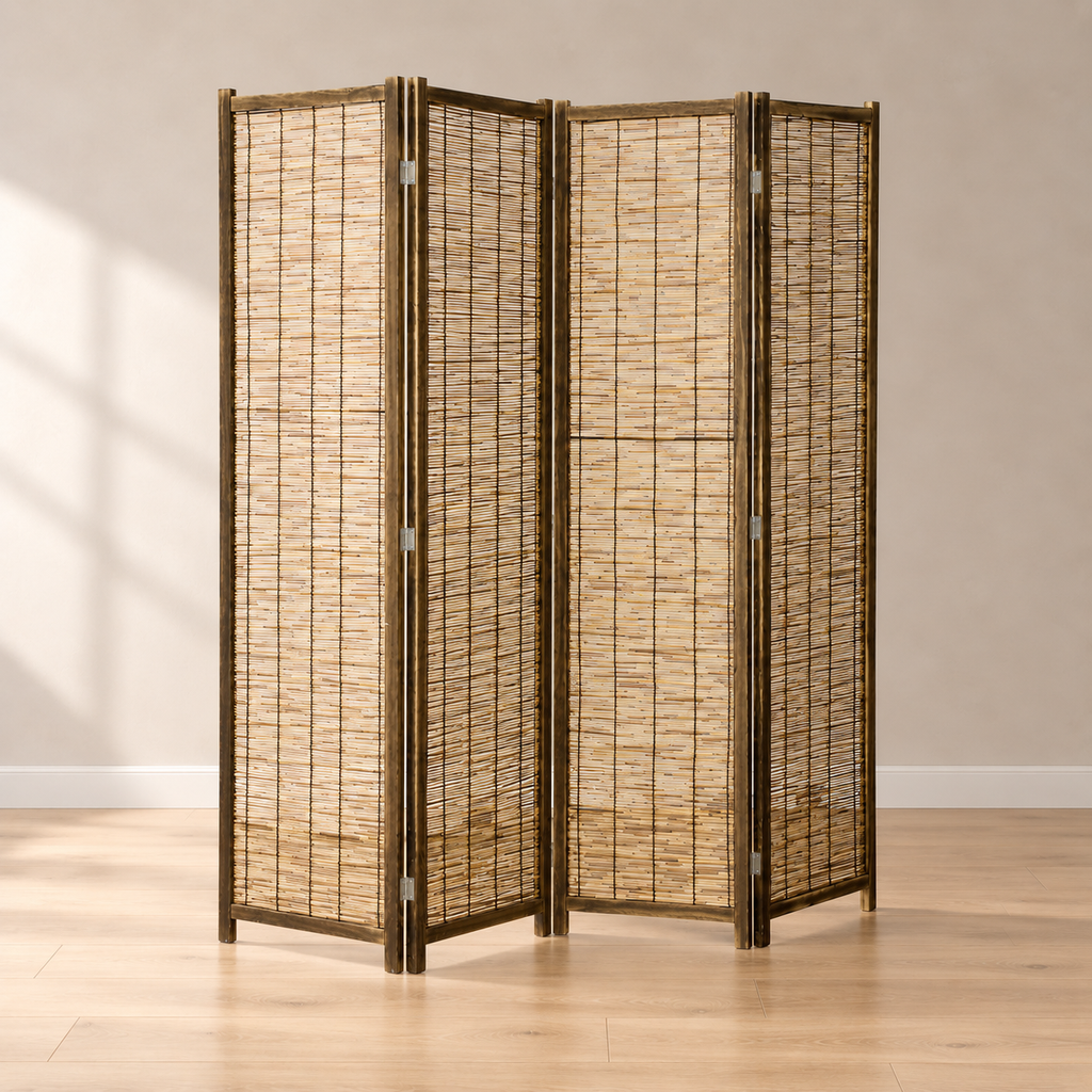 Paravent 4 panneaux roseau tressé, cadre paulownia, 160 x 170 cm — autre angle