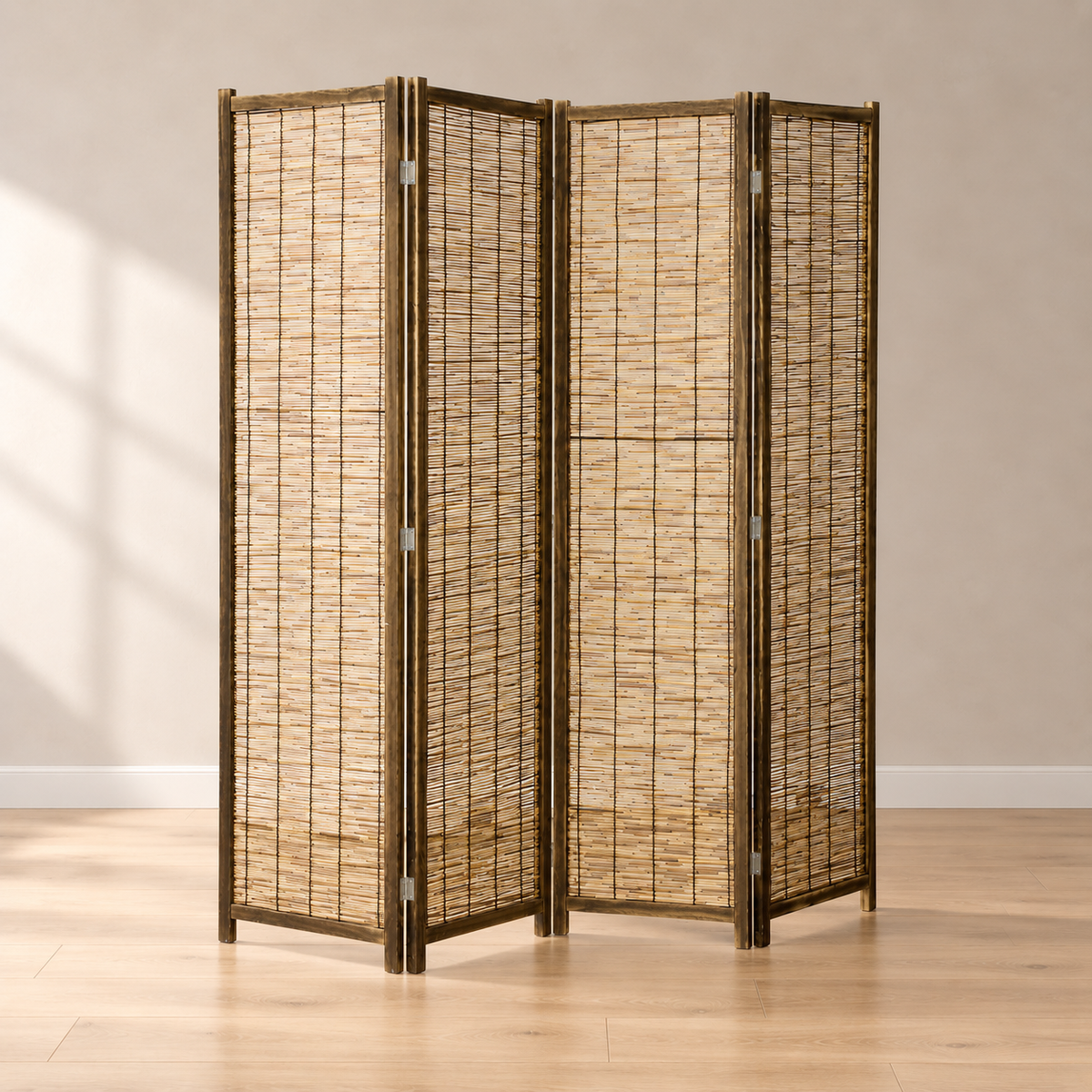 Paravent 4 panneaux roseau tressé, cadre paulownia, 160 x 170 cm — autre angle