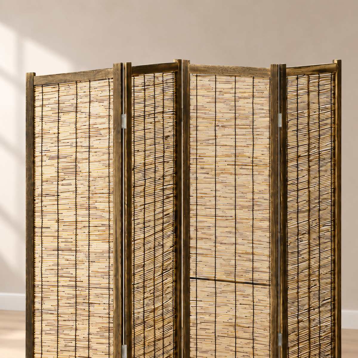 Paravent 4 panneaux roseau tressé, cadre paulownia, 160 x 170 cm — détail du haut