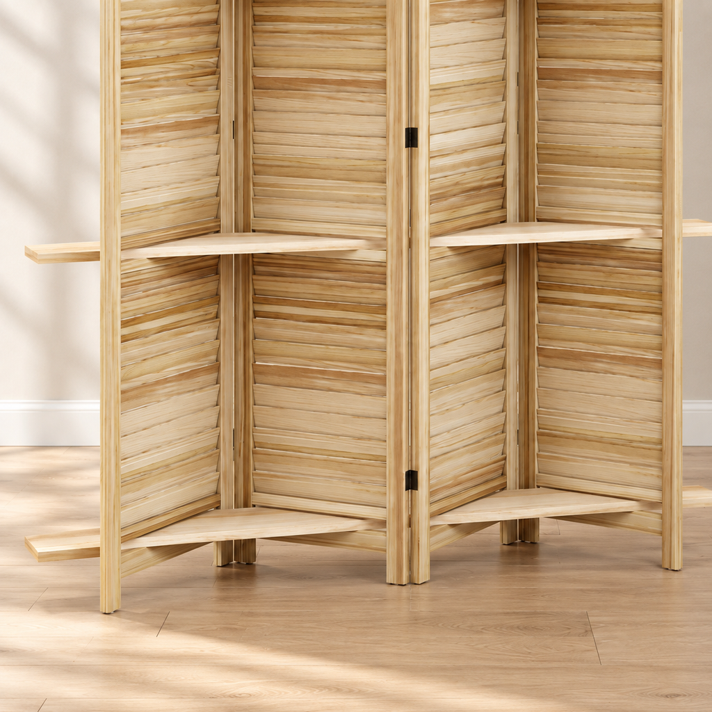 Paravent 4 panneaux persienne avec 3 étagères, paulownia, 160 x 170 cm — détail du bas