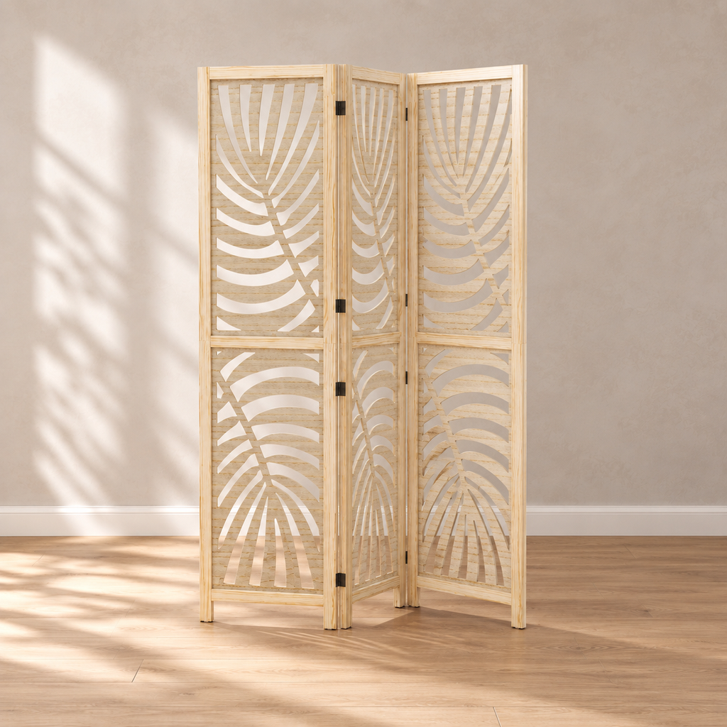 Paravent 3 panneaux paulownia ajouré motif palmier, 120 x 170 cm — autre angle