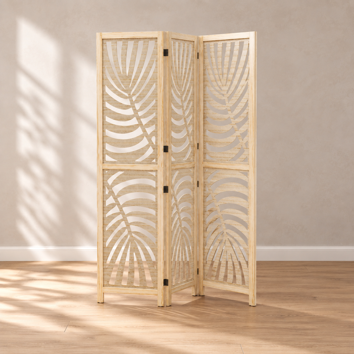 Paravent 3 panneaux paulownia ajouré motif palmier, 120 x 170 cm — autre angle