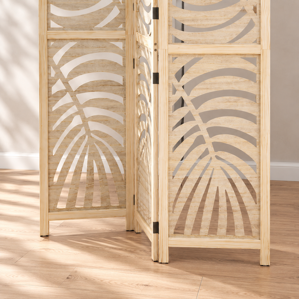 Paravent 3 panneaux paulownia ajouré motif palmier, 120 x 170 cm — détail du bas