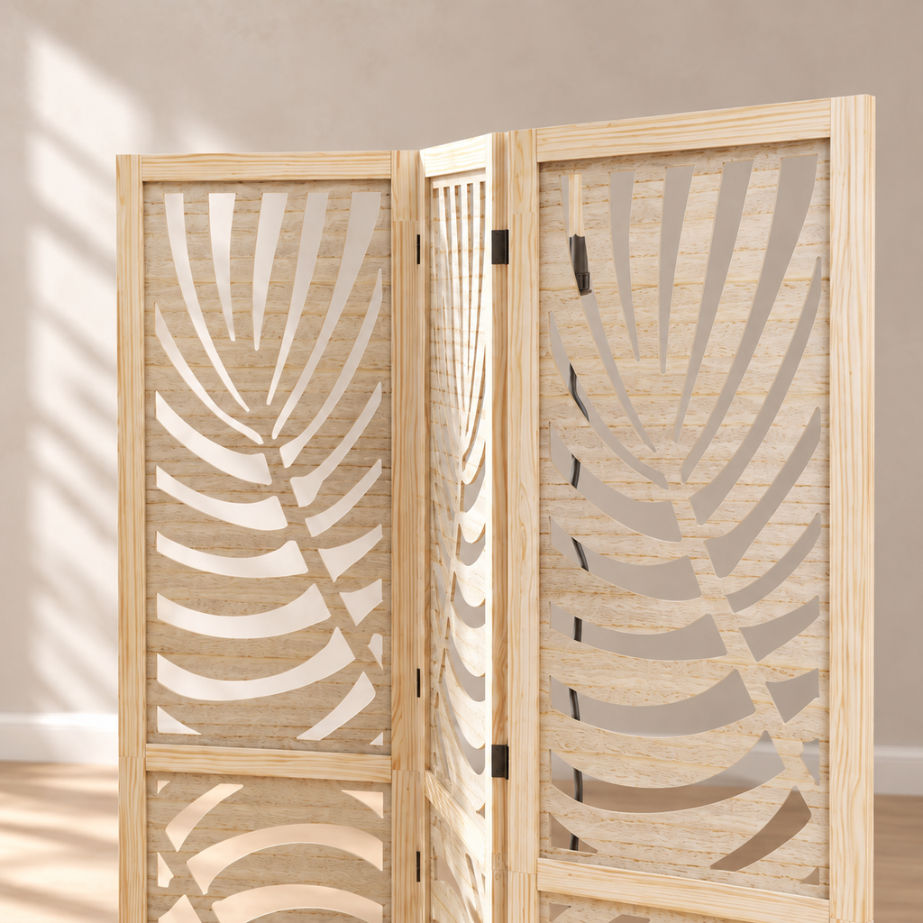 Paravent 3 panneaux paulownia ajouré motif palmier, 120 x 170 cm — détail du haut