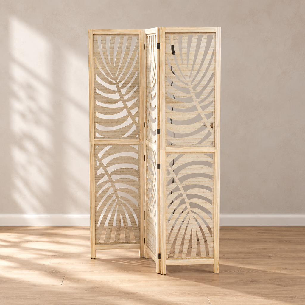 Paravent 3 panneaux paulownia ajouré motif palmier, 120 x 170 cm — vue principale