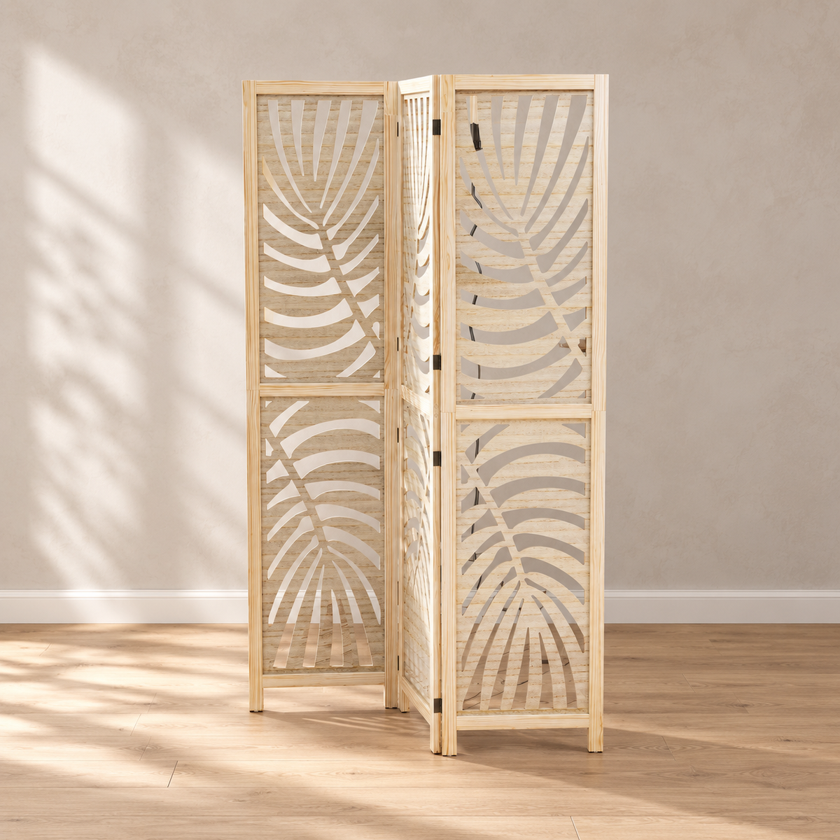 Paravent 3 panneaux paulownia ajouré motif palmier, 120 x 170 cm — vue principale