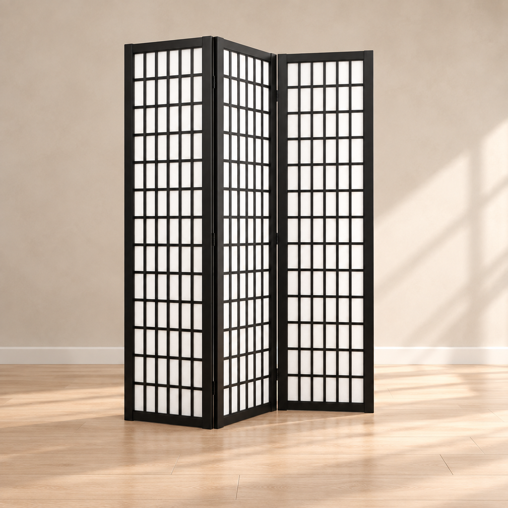Paravent japonais shoji 3 panneaux, bois noir, 120,5 x 170 cm — autre angle
