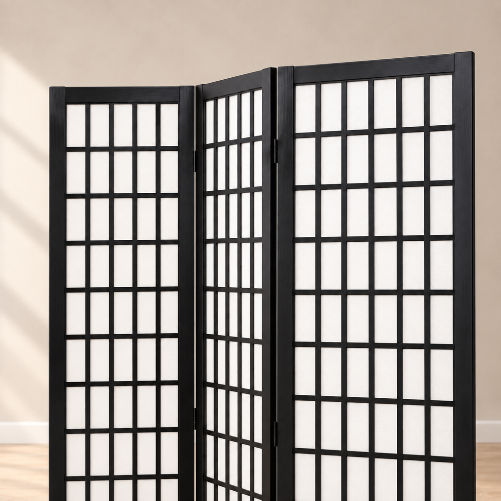 Paravent japonais shoji 3 panneaux, bois noir, 120,5 x 170 cm — détail du haut