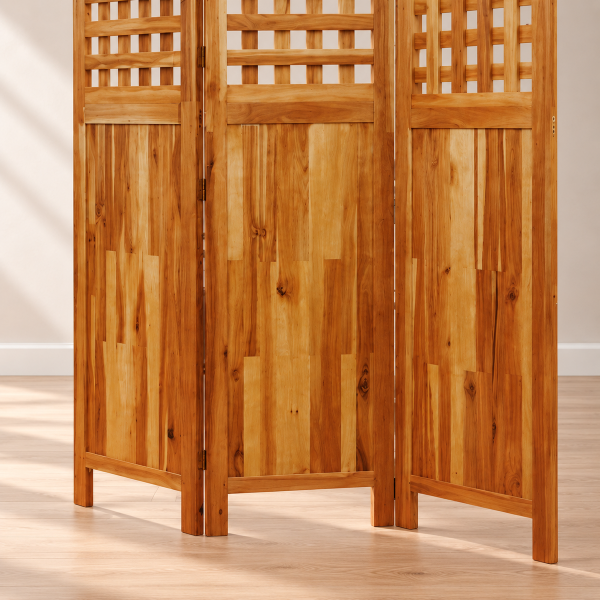 Paravent 3 panneaux acacia massif à treillis, 121,5 x 180 cm — détail du bas