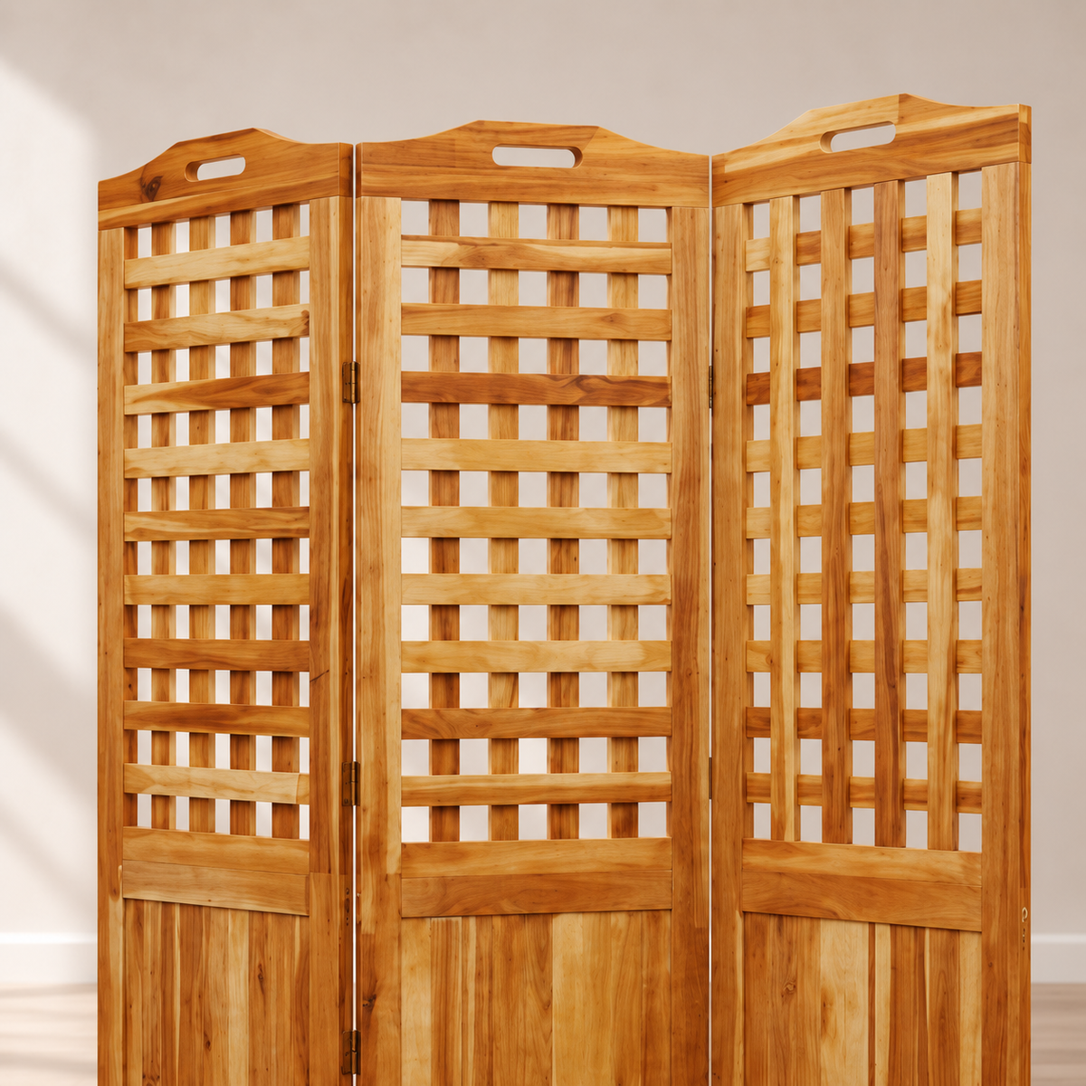 Paravent 3 panneaux acacia massif à treillis, 121,5 x 180 cm — détail du haut
