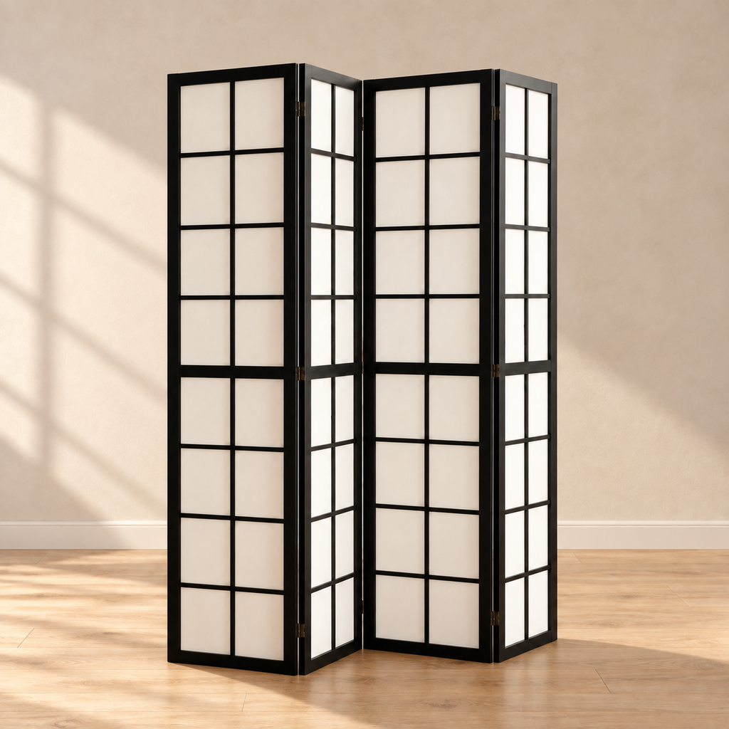 Paravent japonais shoji 4 panneaux noir, cadre pin, 160 x 170 cm — autre angle