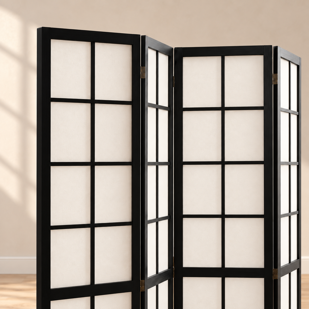 Paravent japonais shoji 4 panneaux noir, cadre pin, 160 x 170 cm — détail du haut