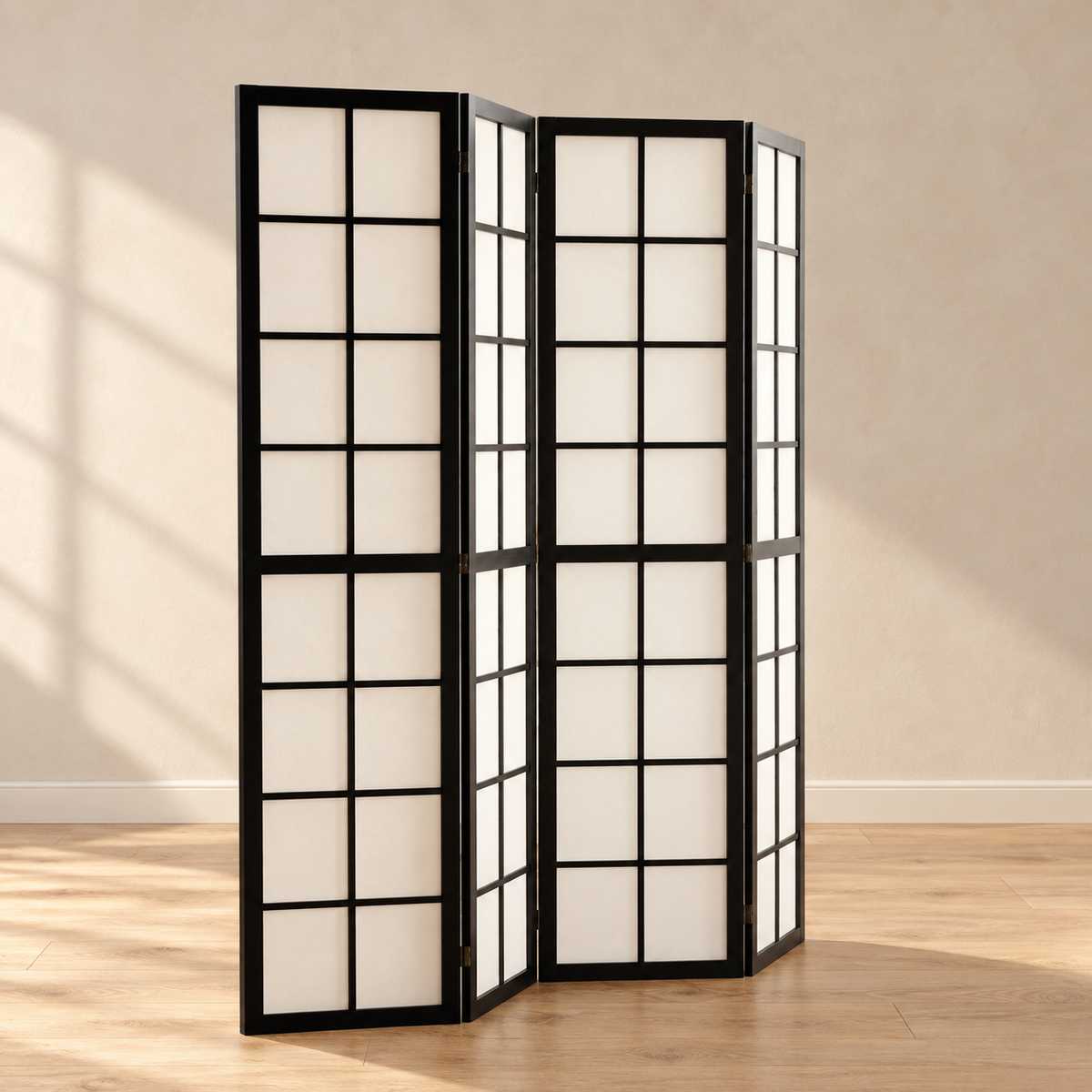 Paravent japonais shoji 4 panneaux noir, cadre pin, 160 x 170 cm — vue principale