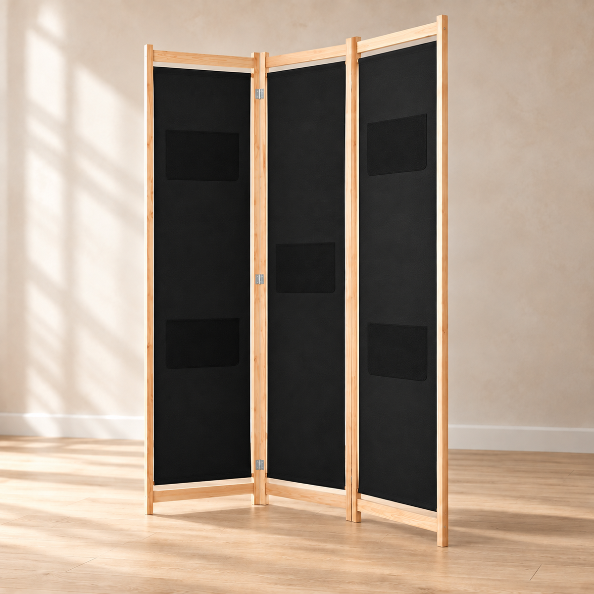 Paravent 3 panneaux tissu noir, cadre bois, 120 x 170 cm — autre angle