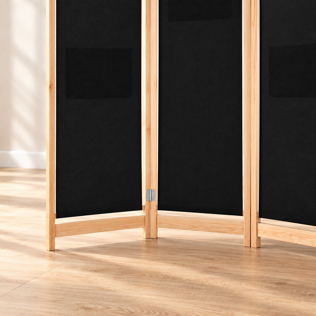 Paravent 3 panneaux tissu noir, cadre bois, 120 x 170 cm — détail du bas