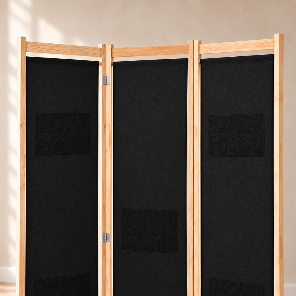 Paravent 3 panneaux tissu noir, cadre bois, 120 x 170 cm — détail du haut