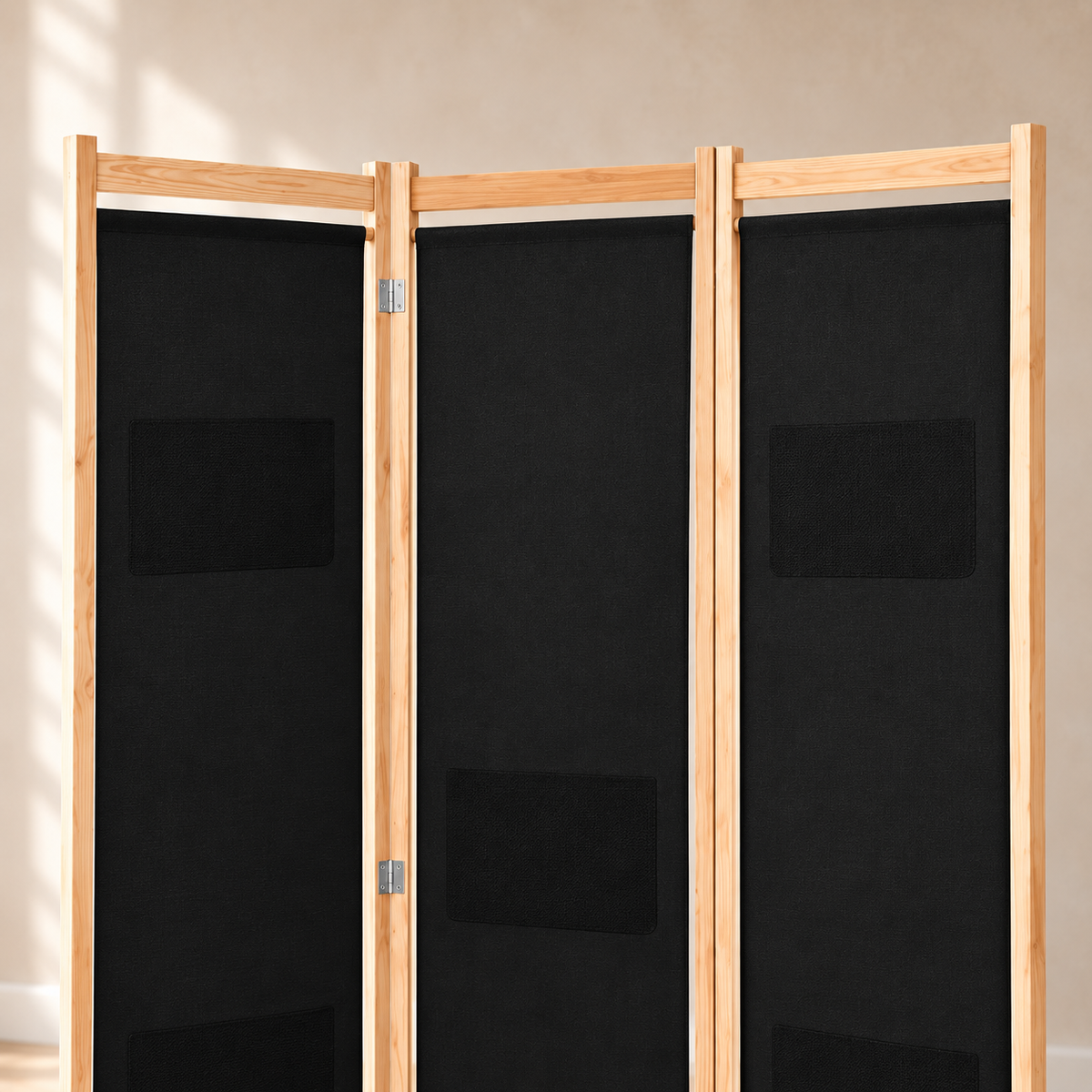 Paravent 3 panneaux tissu noir, cadre bois, 120 x 170 cm — détail du haut