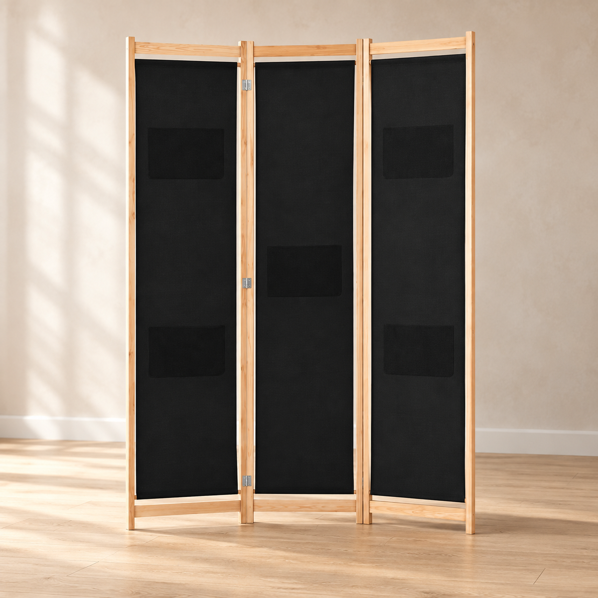 Paravent 3 panneaux tissu noir, cadre bois, 120 x 170 cm — vue principale