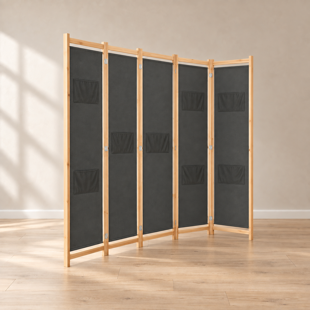 Paravent 6 panneaux tissu gris avec poches, cadre sapin, 240 x 170 cm — autre angle