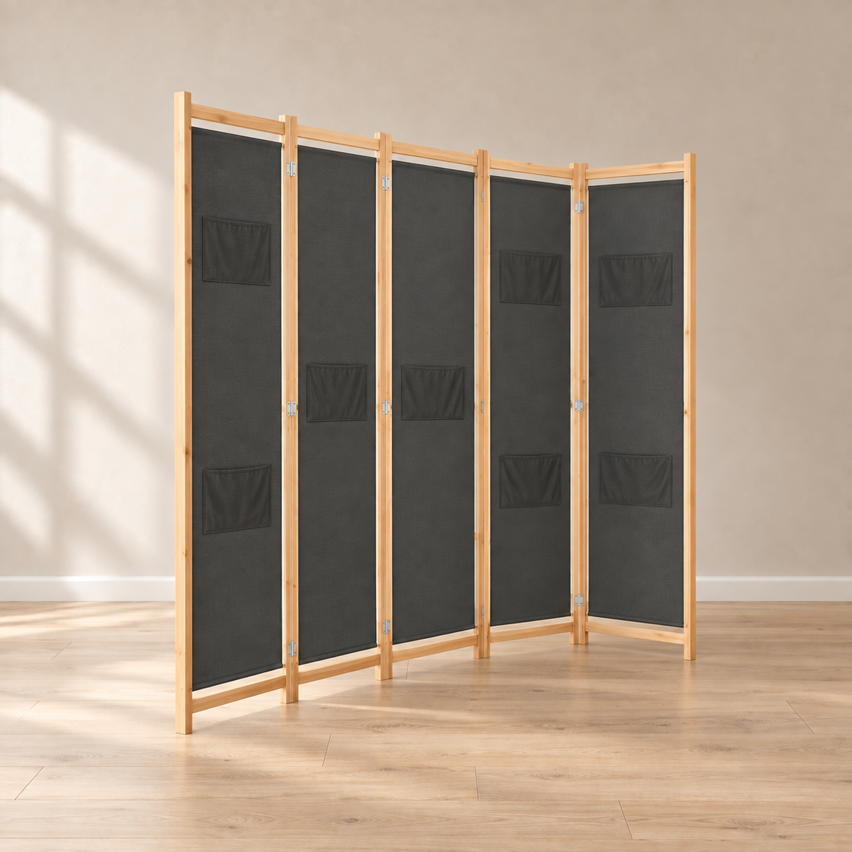 Paravent 6 panneaux tissu gris avec poches, cadre sapin, 240 x 170 cm — autre angle