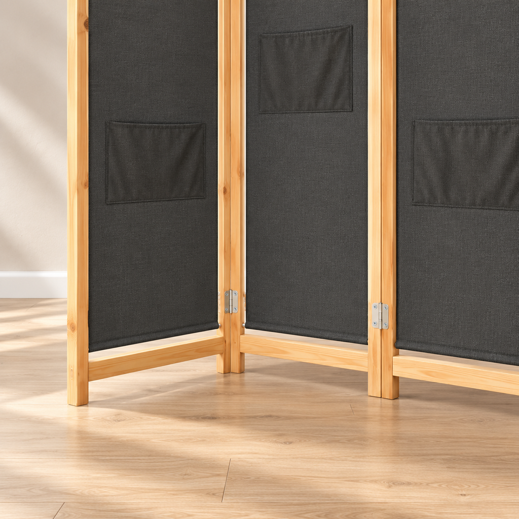 Paravent 6 panneaux tissu gris avec poches, cadre sapin, 240 x 170 cm — détail du bas