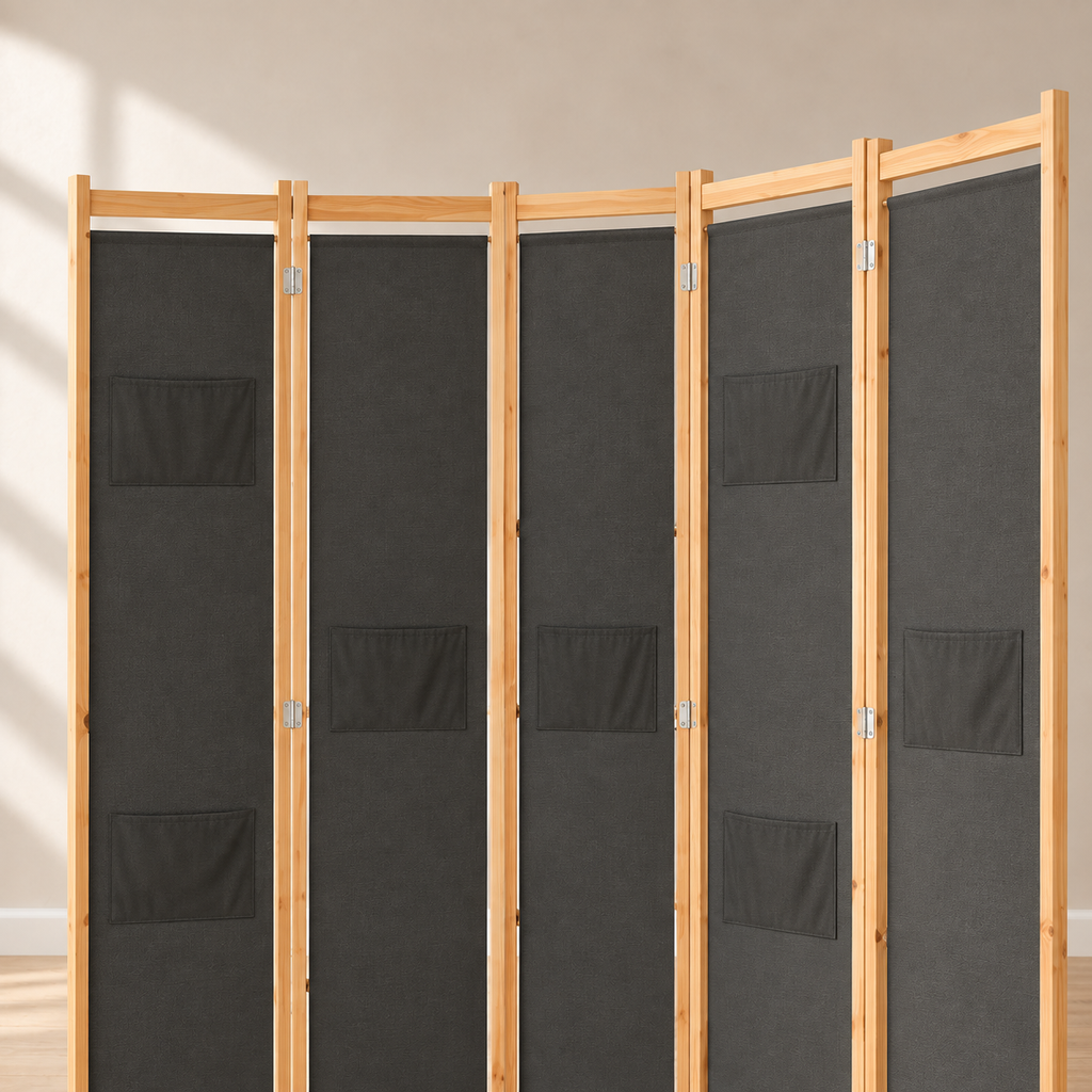 Paravent 6 panneaux tissu gris avec poches, cadre sapin, 240 x 170 cm — détail du haut