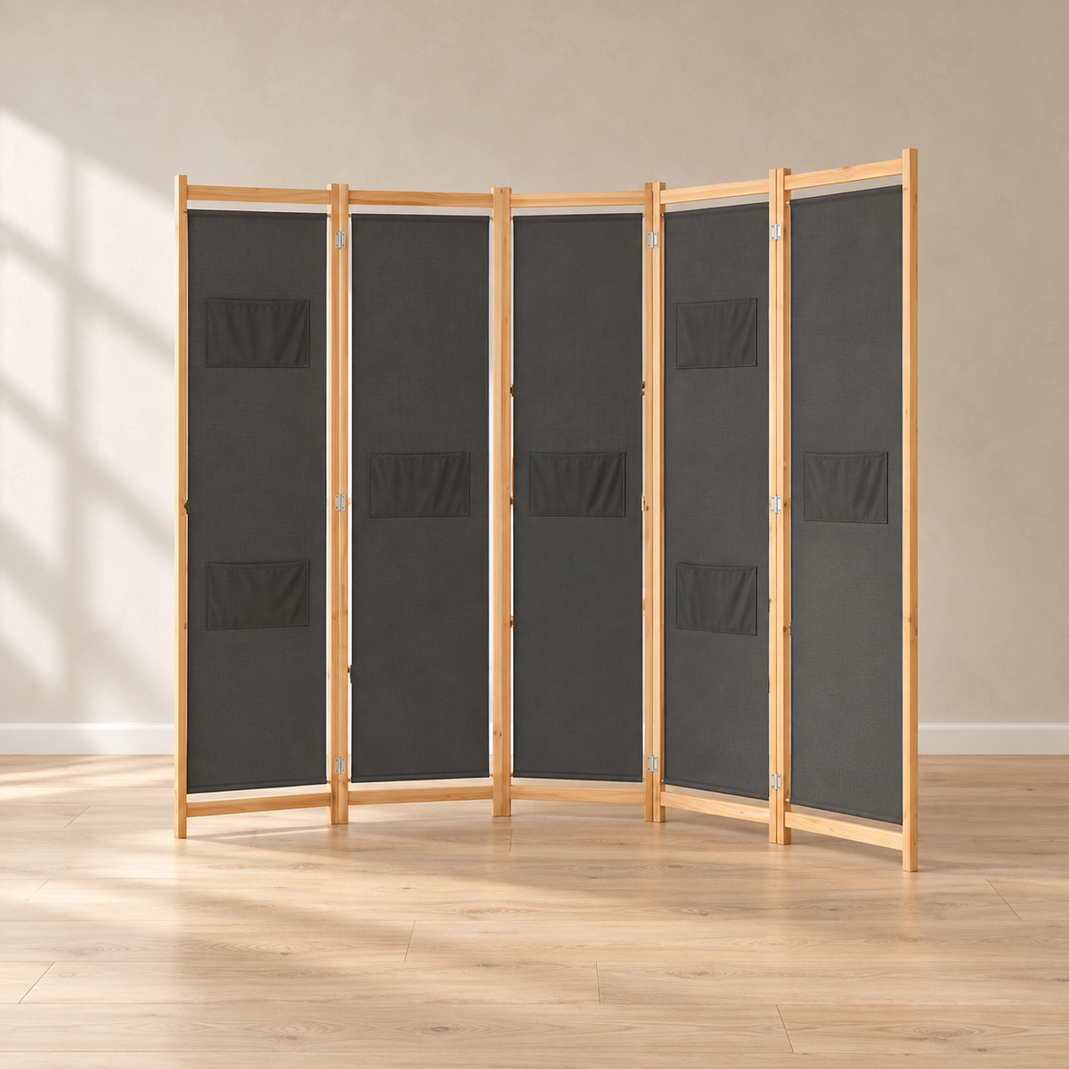 Paravent 6 panneaux tissu gris avec poches, cadre sapin, 240 x 170 cm — vue principale