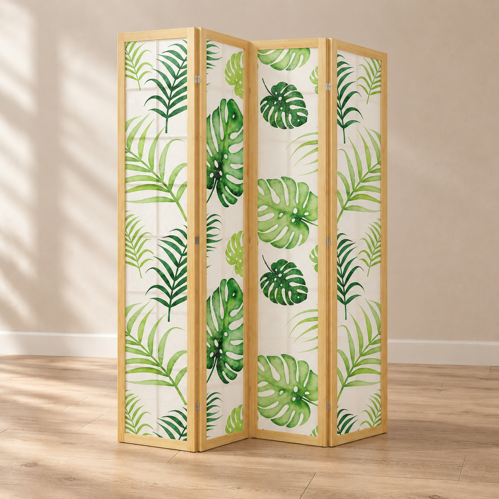 Paravent 4 panneaux imprimé feuilles de palmier, cadre pin, 160 x 170 cm — autre angle
