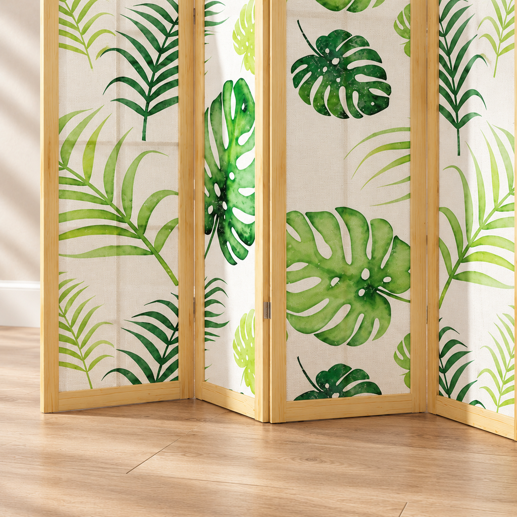 Paravent 4 panneaux imprimé feuilles de palmier, cadre pin, 160 x 170 cm — détail du bas
