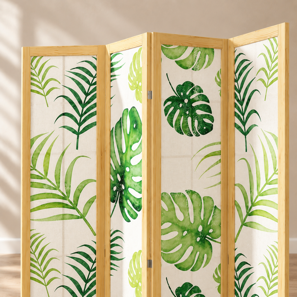 Paravent 4 panneaux imprimé feuilles de palmier, cadre pin, 160 x 170 cm — détail du haut