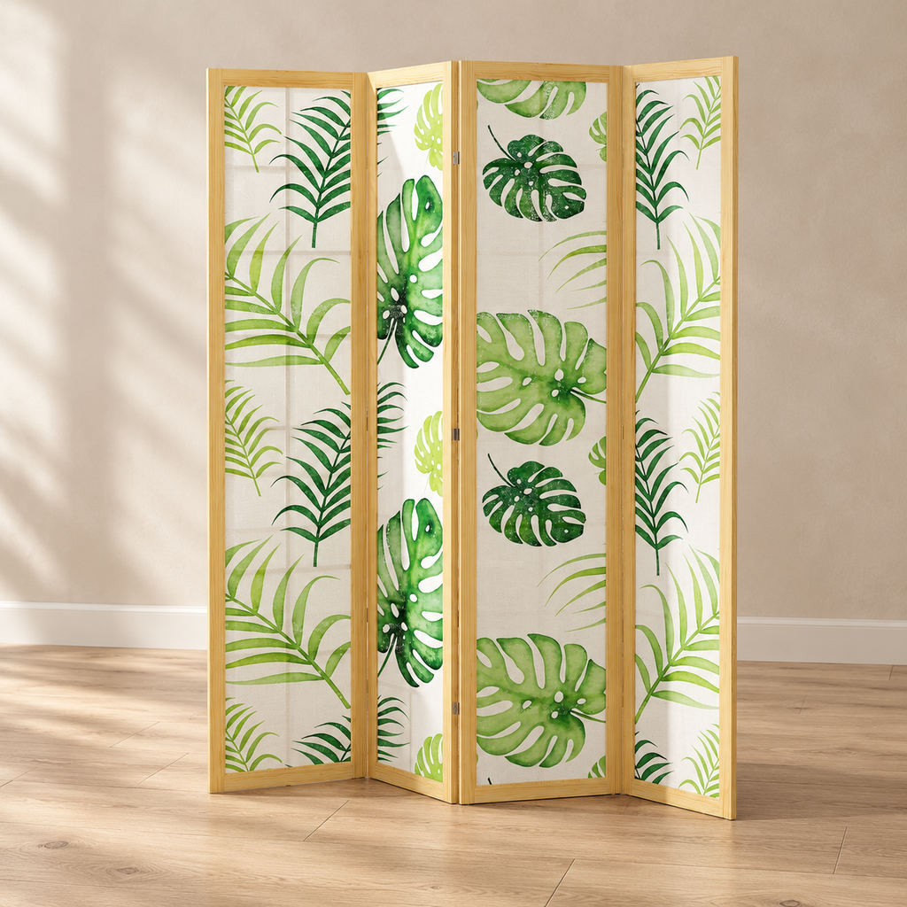 Paravent 4 panneaux imprimé feuilles de palmier, cadre pin, 160 x 170 cm — vue principale