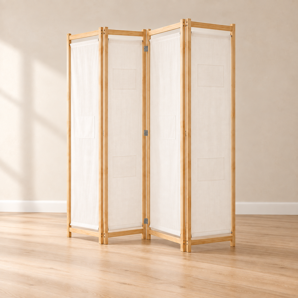Paravent 4 panneaux bois et tissu, 160 x 170 cm — autre angle