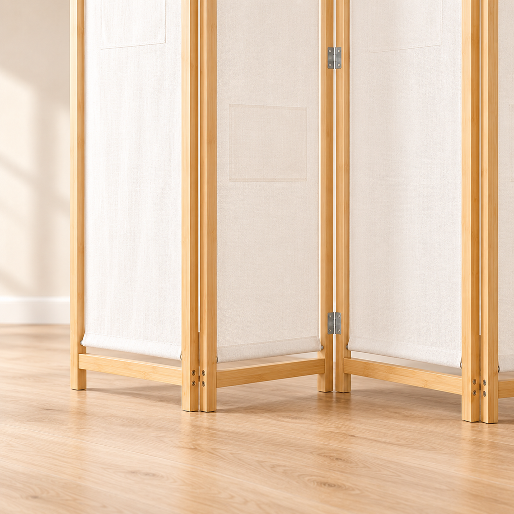Paravent 4 panneaux bois et tissu, 160 x 170 cm — détail du bas