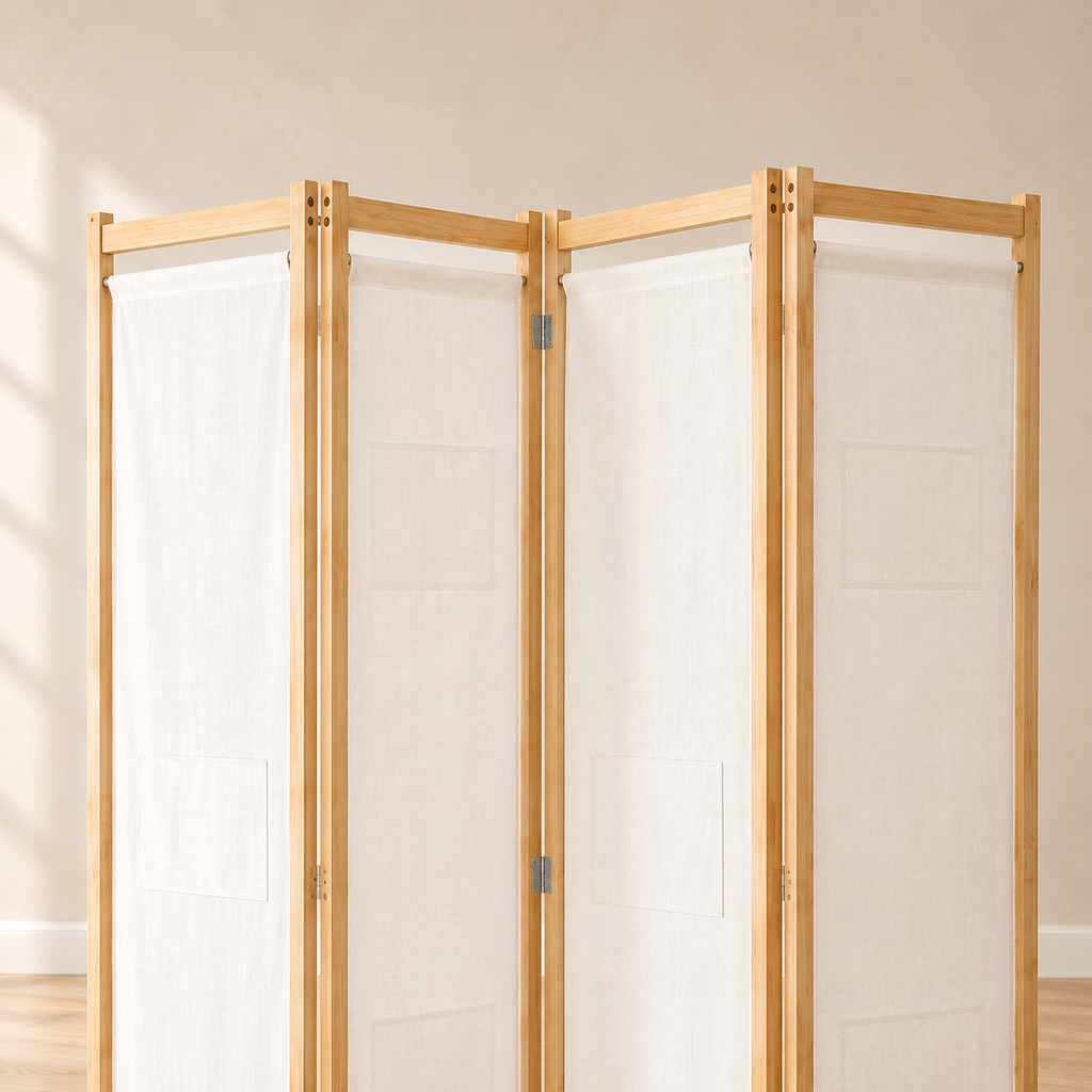 Paravent 4 panneaux bois et tissu, 160 x 170 cm — détail du haut