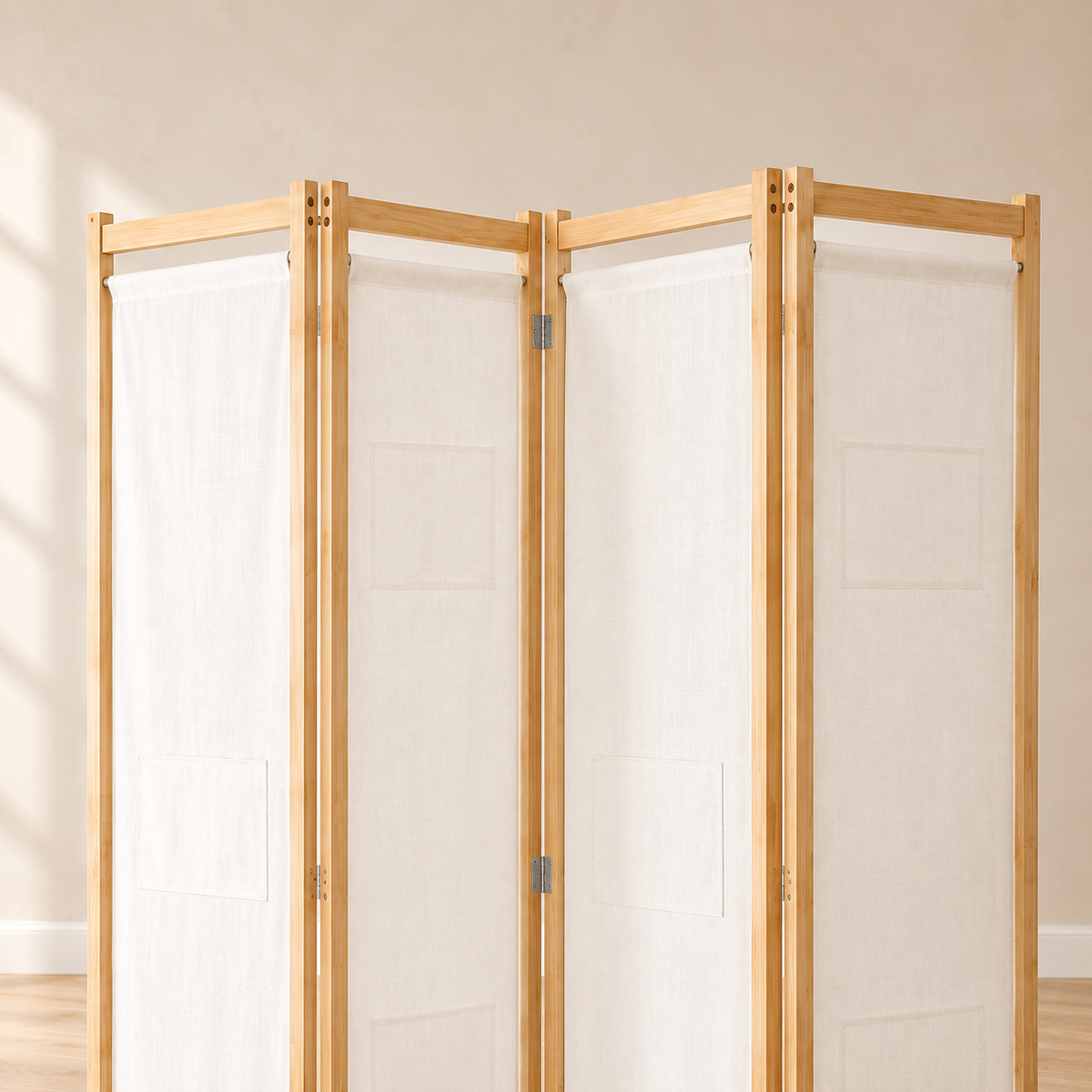 Paravent 4 panneaux bois et tissu, 160 x 170 cm — détail du haut