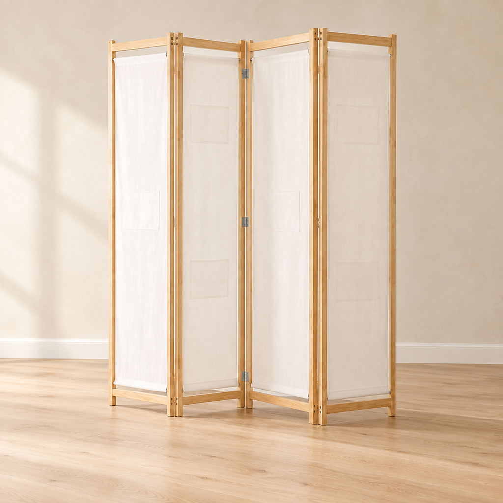 Paravent 4 panneaux bois et tissu, 160 x 170 cm — vue principale