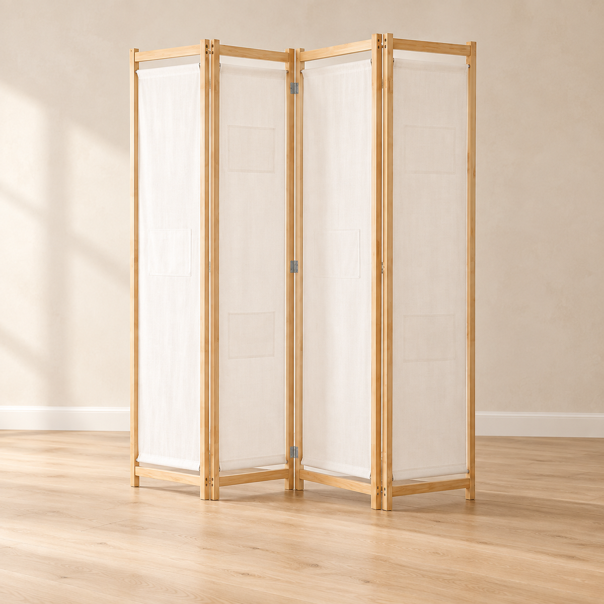 Paravent 4 panneaux bois et tissu, 160 x 170 cm — vue principale