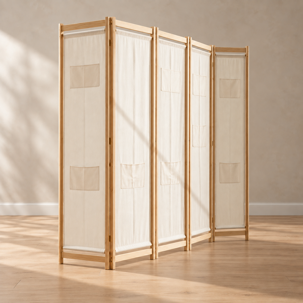 Paravent 5 panneaux tissu crème avec poches, cadre sapin, 200 x 170 cm — autre angle