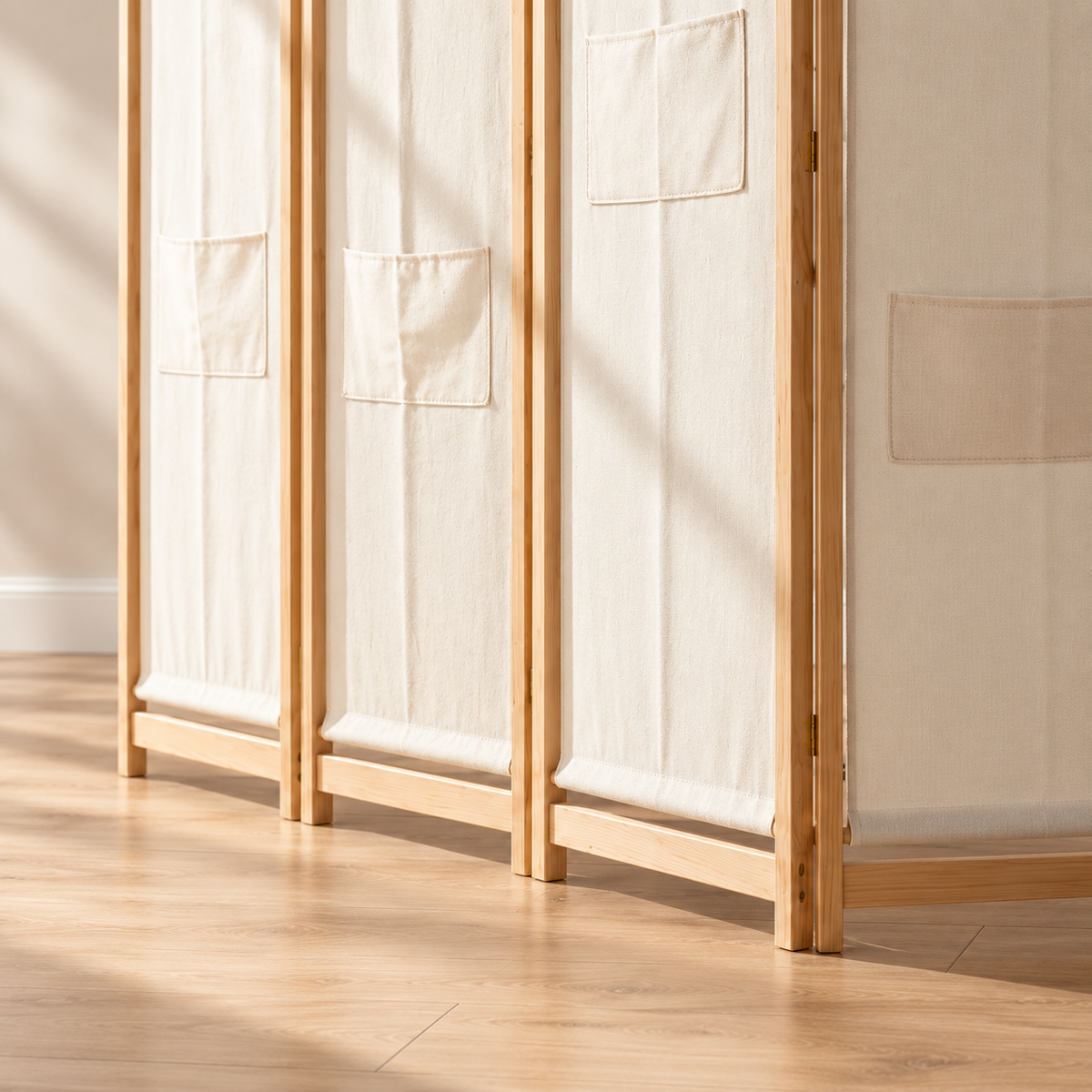 Paravent 5 panneaux tissu crème avec poches, cadre sapin, 200 x 170 cm — détail du bas