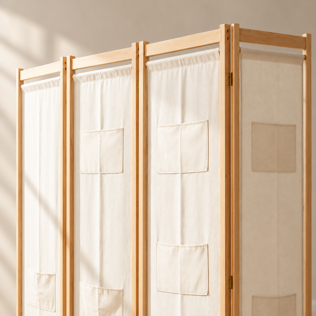 Paravent 5 panneaux tissu crème avec poches, cadre sapin, 200 x 170 cm — détail du haut